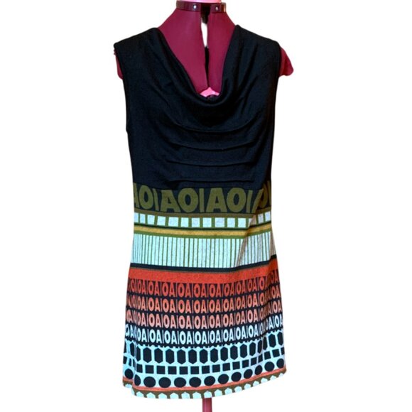 MARIE CLAIRE / Black -  Orange Patterned Dress Tunic sleeveless / Medium - Picture 1 of 10